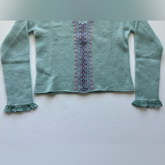 "Garnet Hill" cozy sweater Embroidered wool V-neck with frilled sleeves size XS - Picture 2 of 10
